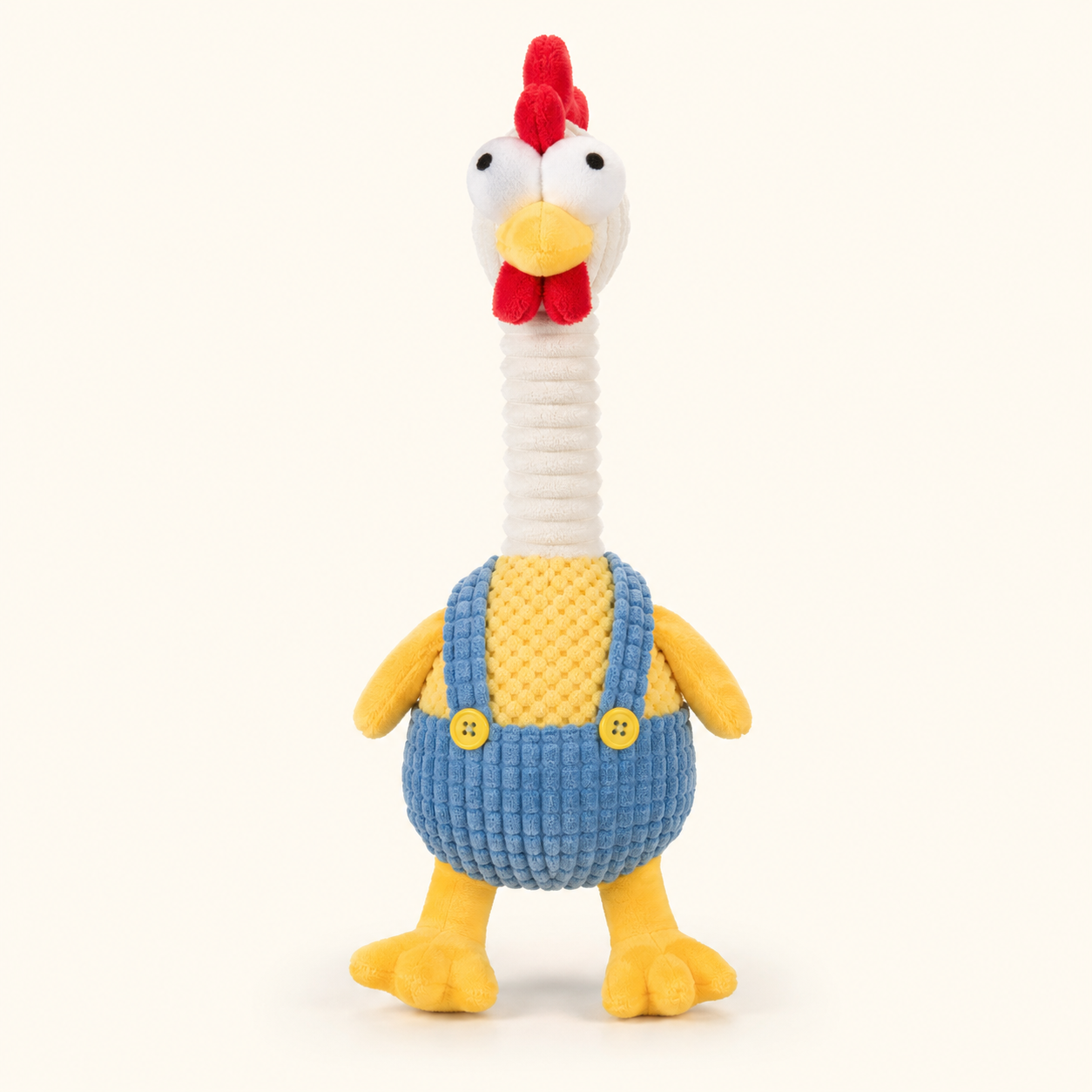 Long-neck plush chicken squeaky dog toy in blue overalls on cream background