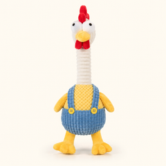 Long-neck plush chicken squeaky dog toy in blue overalls on cream background