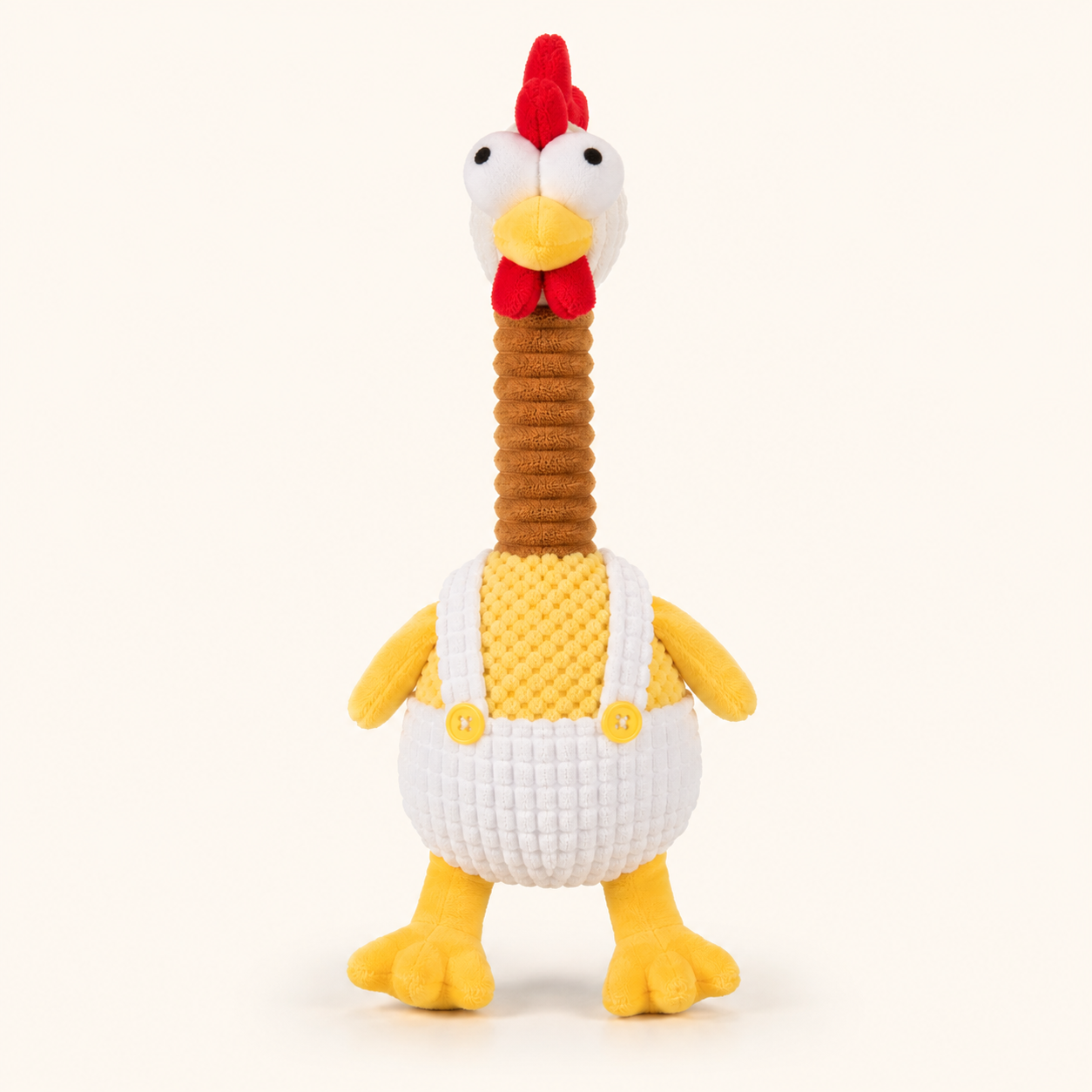 Brown long-neck plush chicken squeaky dog toy on cream background