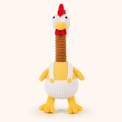Brown long-neck plush chicken squeaky dog toy on cream background