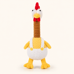 Brown long-neck plush chicken squeaky dog toy on cream background