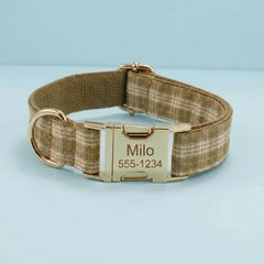 Personalized Dog Collar & Harness Set - Khaki Plaid (Light Blue Theme)