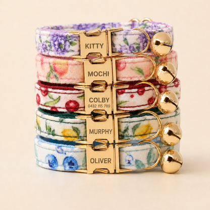 Fruit Print Cat Collars - all 5 prints stacked with engraved buckles