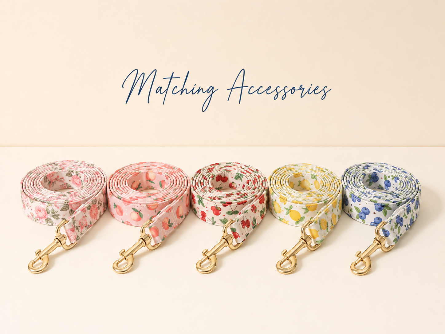 Matching fruit print cat leashes in all 5 prints