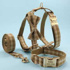Personalized Dog Collar & Harness Set - Khaki Plaid (Light Blue Theme)