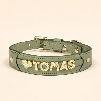Personalised Rhinestone Name Dog Collar, Custom PU Leather Pet Collar with Sparkly Crystal Letters & Charm, Bling Name Collar for Small Medium & Large Dogs
