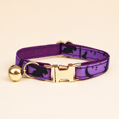 Purple Halloween cat collar with black bat print, gold bell and engraved nameplate