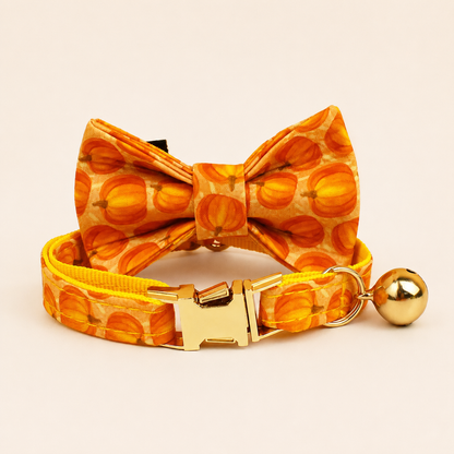 Orange pumpkin Halloween cat collar with matching bow tie