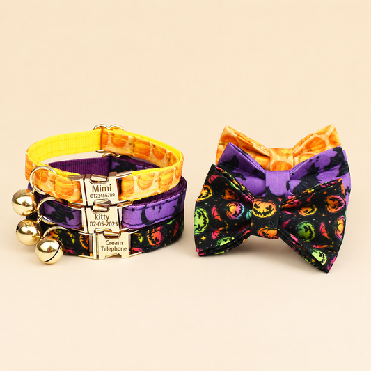 Halloween cat collar and matching bow tie set in pumpkin and bat prints