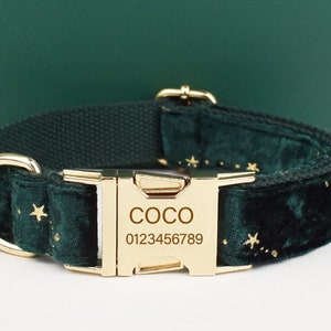 Stars Dog Harness, Custom Green with Golden Stars Personalised Velvet Dog Collar, Bowtie, Leash, for Christmas, Wedding