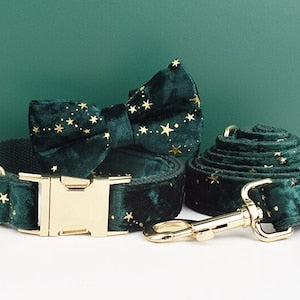 Stars Dog Harness, Custom Green with Golden Stars Personalised Velvet Dog Collar, Bowtie, Leash, for Christmas, Wedding
