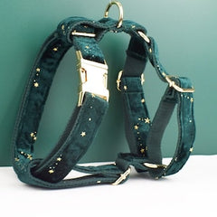Stars Dog Harness, Custom Green with Golden Stars Personalized Velvet Dog Collar, Bowtie, Leash, for Christmas, Wedding, Different Combo