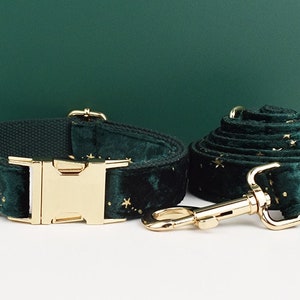 Stars Dog Harness, Custom Green with Golden Stars Personalised Velvet Dog Collar, Bowtie, Leash, for Christmas, Wedding