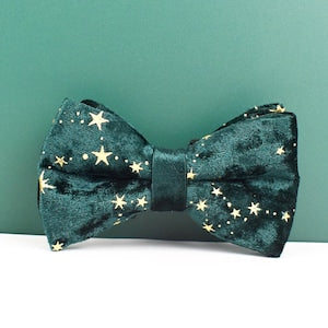 Stars Dog Harness, Custom Green with Golden Stars Personalised Velvet Dog Collar, Bowtie, Leash, for Christmas, Wedding
