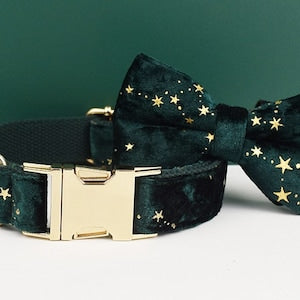 Stars Dog Harness, Custom Green with Golden Stars Personalised Velvet Dog Collar, Bowtie, Leash, for Christmas, Wedding