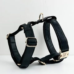 Leather Dog Harness, Black PU Collar/Lead/Bowtie/Harness/Bag,Solid Dog Collar Leash Set, Engraved Metal Buckle,Easy Clean,Wedding Puppy Gift