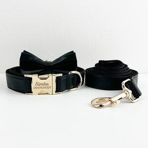 Leather Dog Harness, Black PU Collar/Lead/Bowtie/Harness/Bag,Solid Dog Collar Leash Set, Engraved Metal Buckle,Easy Clean,Wedding Puppy Gift