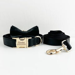 Leather Dog Harness, Black PU Collar/Lead/Bowtie/Harness/Bag,Solid Dog Collar Leash Set, Engraved Metal Buckle,Easy Clean,Wedding Puppy Gift