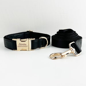 Leather Dog Harness, Black PU Collar/Lead/Bowtie/Harness/Bag,Solid Dog Collar Leash Set, Engraved Metal Buckle,Easy Clean,Wedding Puppy Gift