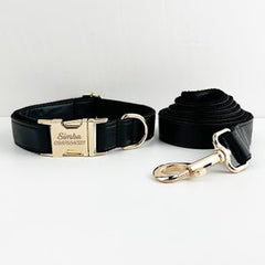 Leather Dog Harness, Black PU Collar/Lead/Bowtie/Harness/Bag,Solid Dog Collar Leash Set, Engraved Metal Buckle,Easy Clean,Wedding Puppy Gift