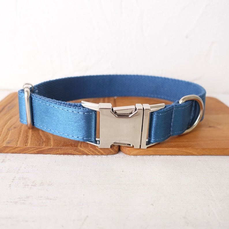 Luxurious Silky Wedding Dog Collar - Personalised with Name - Silver, Aqua, Haze Blue or Blue, Detachable Sailor Bowtie