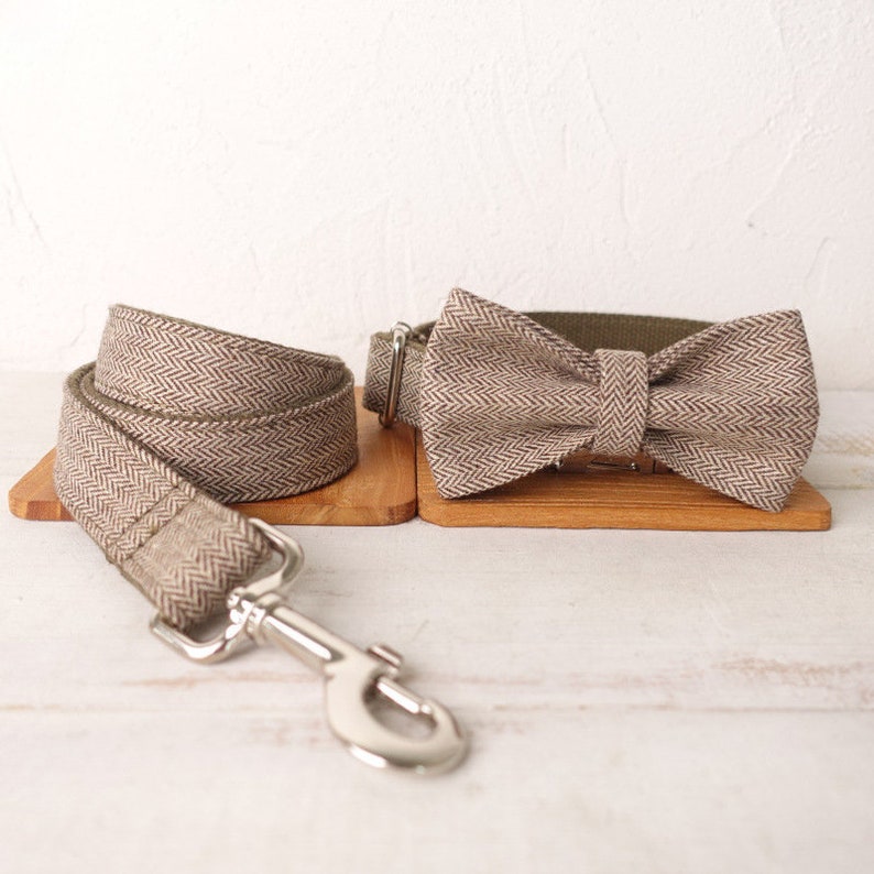 Luxurious Suit Wedding Dog Collar - Personalised with Name - Cream, Grey, White Brown, Brown or Blue, Detachable Bowtie