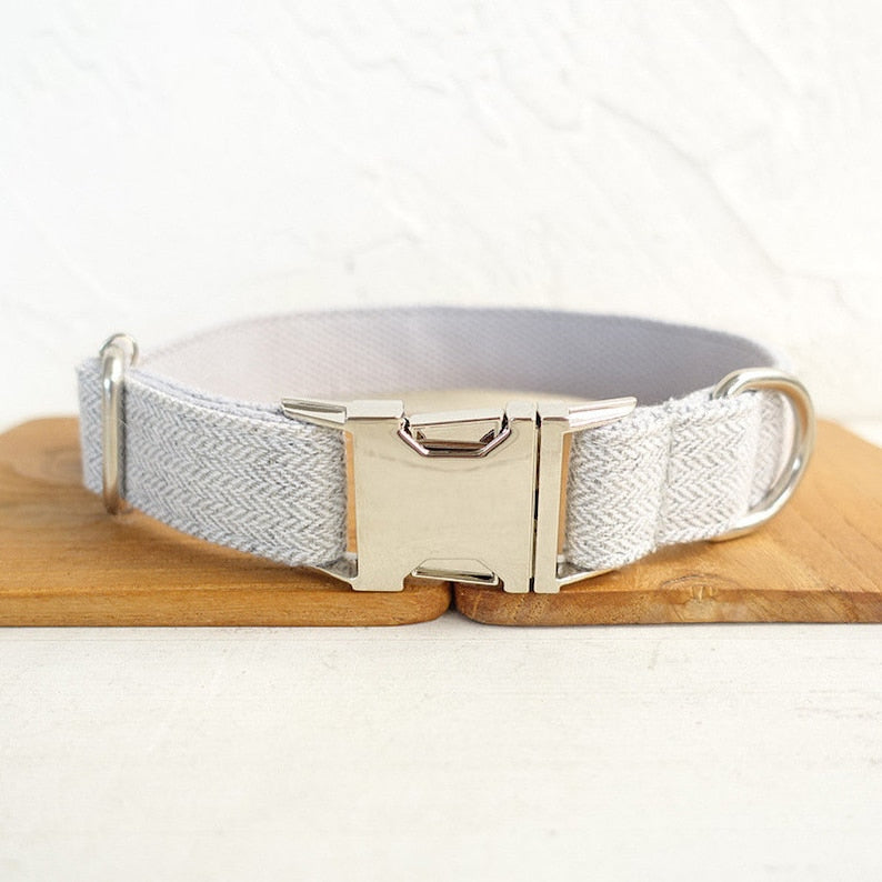 Luxurious Suit Wedding Dog Collar - Personalised with Name - Cream, Grey, White Brown, Brown or Blue, Detachable Bowtie
