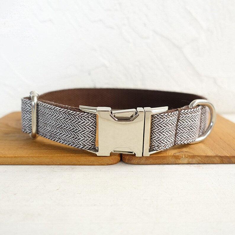 Luxurious Suit Wedding Dog Collar - Personalised with Name - Cream, Grey, White Brown, Brown or Blue, Detachable Bowtie