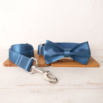 Luxurious Silky Wedding Dog Collar - Personalised with Name - Silver, Aqua, Haze Blue or Blue, Detachable Sailor Bowtie