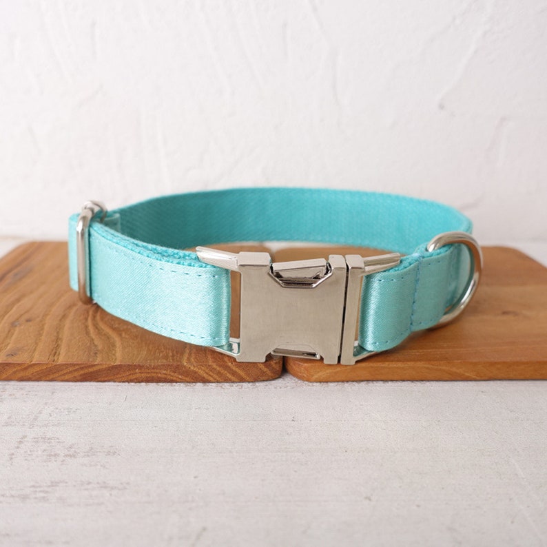Luxurious Silky Wedding Dog Collar - Personalised with Name - Silver, Aqua, Haze Blue or Blue, Detachable Sailor Bowtie