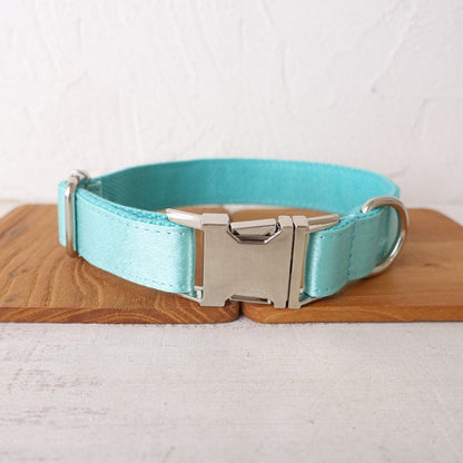 Luxurious Silky Wedding Dog Collar - Personalised with Name - Silver, Aqua, Haze Blue or Blue, Detachable Sailor Bowtie
