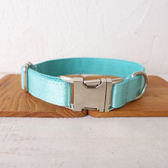 Luxurious Silky Wedding Dog Collar - Personalized with Name - Silver, Aqua, Haze Blue or Blue, Detachable Sailor Bowtie
