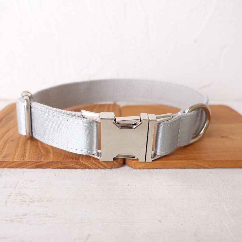 Luxurious Silky Wedding Dog Collar - Personalised with Name - Silver, Aqua, Haze Blue or Blue, Detachable Sailor Bowtie