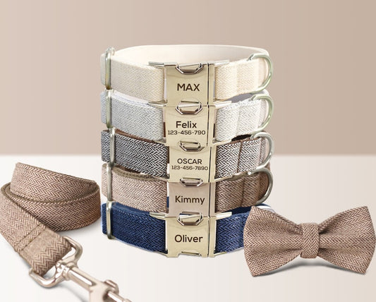 Luxurious Suit Wedding Dog Collar - Personalised with Name - Cream, Grey, White Brown, Brown or Blue, Detachable Bowtie