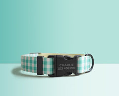 Green Plaid Lightweight Dog Collar, Personalized Premium Dog Collar or Dog Collar and Leash Set with Matching Bowtie *Detachable