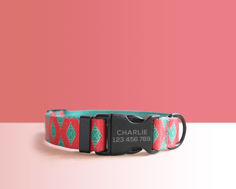 Red Green Lightweight Dog Collar, Personalised Premium Dog Collar or Dog Collar and Leash Set with Matching Bowtie *Detachable