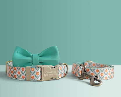 Green Floral Lightweight Dog Collar, Premium Dog Collar or Dog Collar and Leash Set with Matching Bowtie *Detachable