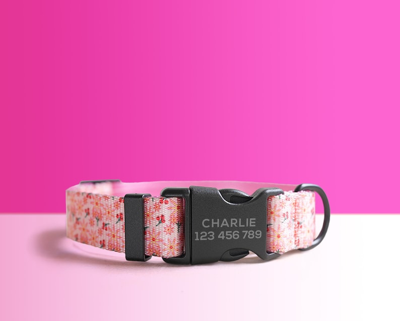 Pink Floral Lightweight Dog Collar, Personalised Premium Dog Collar or Dog Collar and Leash Set with Matching Bowtie *Detachable
