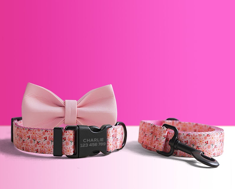 Pink Floral Lightweight Dog Collar, Personalised Premium Dog Collar or Dog Collar and Leash Set with Matching Bowtie *Detachable