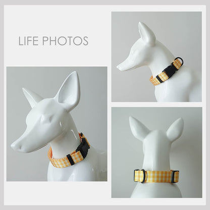 Yellow Plaid Lightweight Dog Collar, Personalised Premium Dog Collar or Dog Collar and Leash Set with Matching Bowtie *Detachable