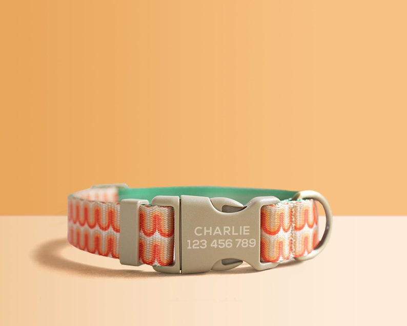 Orange Lightweight Dog Collar, Abstract Pattern Personalised Premium Dog Collar or Dog Collar and Leash Set with Matching Bowtie *Detachable