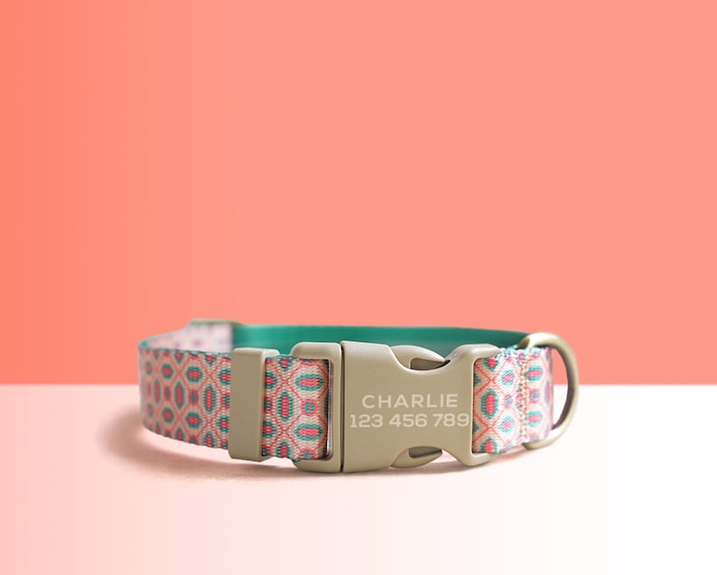 Red Geometric Lightweight Dog Collar, Personalised Premium Dog Collar or Dog Collar and Leash Set with Matching Bowtie *Detachable