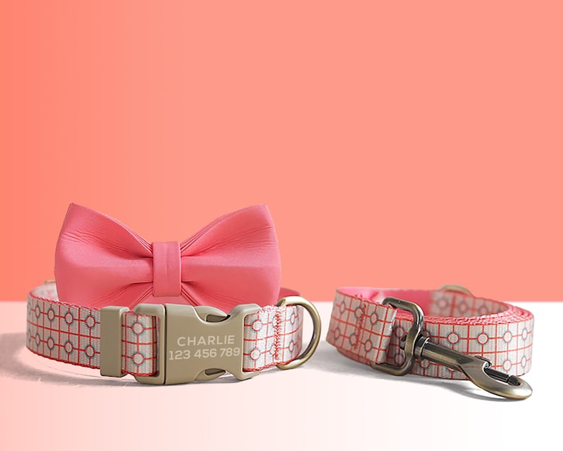 Red Geometric Lightweight Dog Collar, Personalised Premium Dog Collar or Dog Collar and Leash Set with Matching Bowtie *Detachable