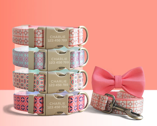 Red Geometric Lightweight Dog Collar, Personalised Premium Dog Collar or Dog Collar and Leash Set with Matching Bowtie *Detachable