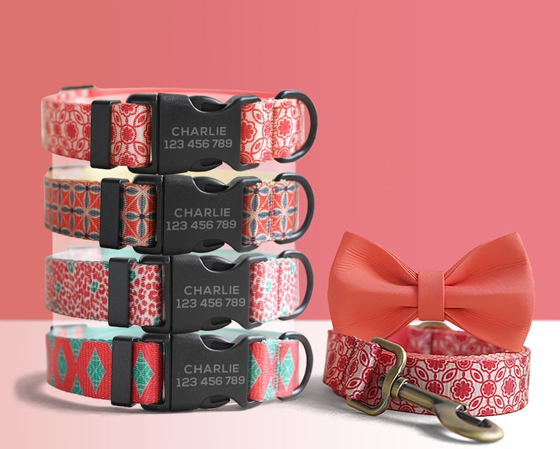 Red Green Lightweight Dog Collar, Personalized Premium Dog Collar or Dog Collar and Leash Set with Matching Bowtie *Detachable