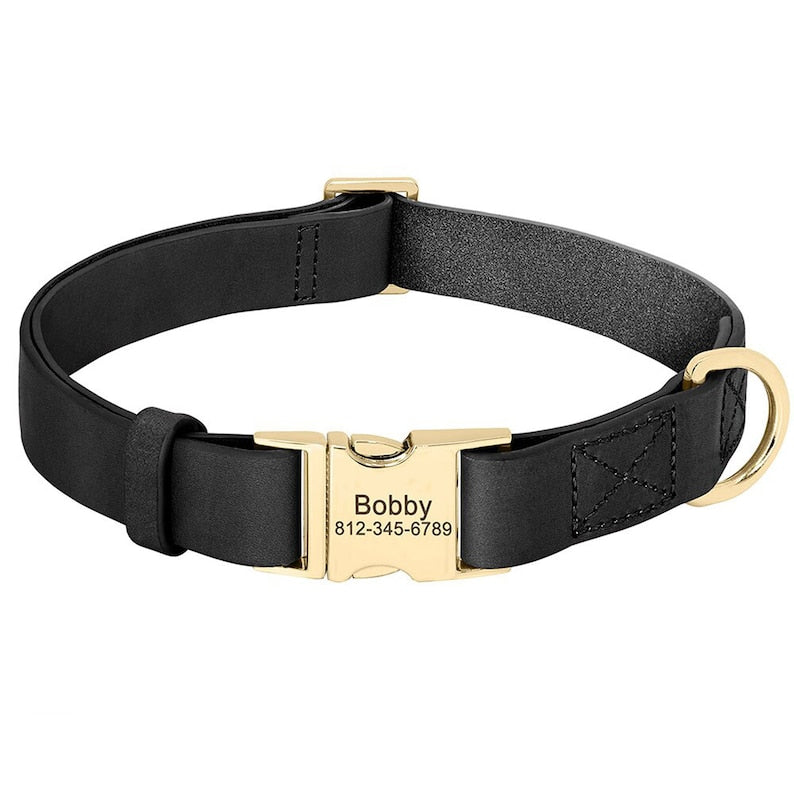 Dog Collar Leather Buckle Personalised Name Engraved Soft Genuine Leather in Black, Brown, and Pink * Custom Boy Girl Dog Collar