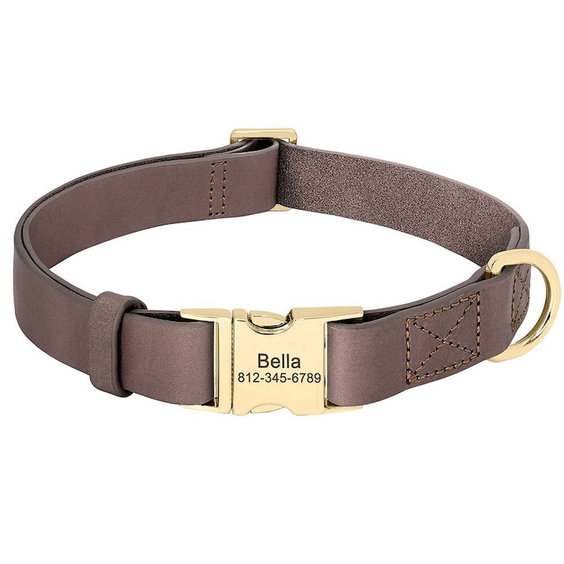 Dog Collar Leather Buckle Personalised Name Engraved Soft Genuine Leather in Black, Brown, and Pink * Custom Boy Girl Dog Collar