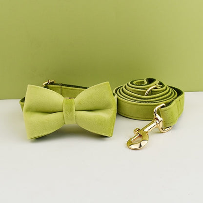 Custom Avocado Velvet Personalised Dog Collar, Matching Dog Bowtie, Dog Flower, Dog Leash, Dog Harness and Dog Poop Bag