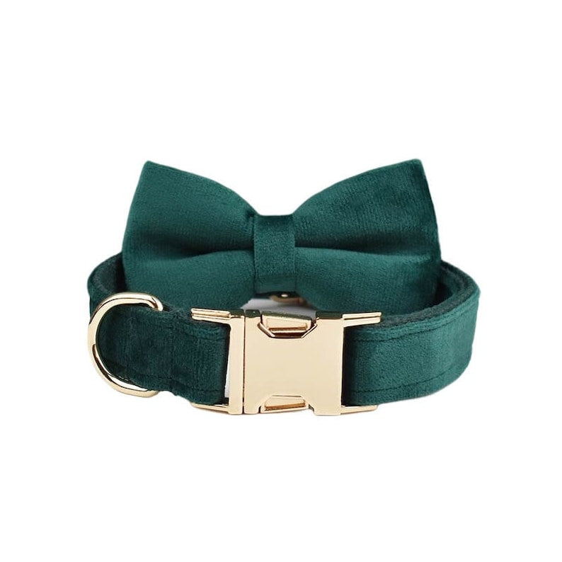 Custom Emerald Green Velvet Personalised Dog Collar, Matching Dog Bowtie, Dog Flower, Dog Leash, Dog Harness & Dog Poop Bag