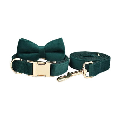 Custom Emerald Green Velvet Personalised Dog Collar, Matching Dog Bowtie, Dog Flower, Dog Leash, Dog Harness & Dog Poop Bag